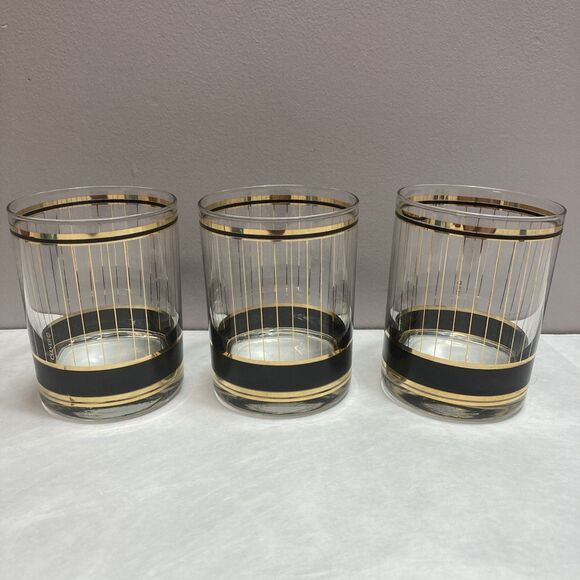 CULVER Devon 22K Gold & Black Lowball/Old Fashion Glasses SET OF 3 MCM STYLE - Picture 1 of 7